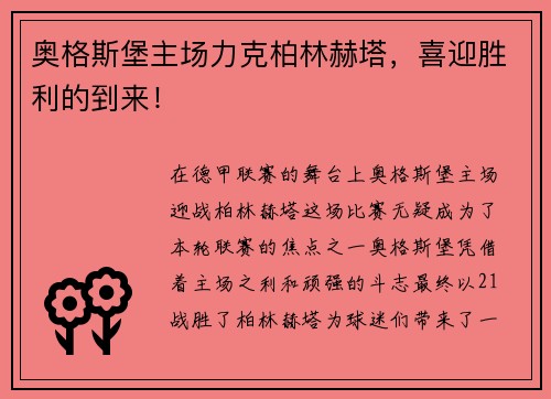 奥格斯堡主场力克柏林赫塔，喜迎胜利的到来！