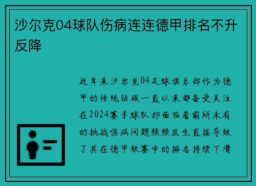 沙尔克04球队伤病连连德甲排名不升反降