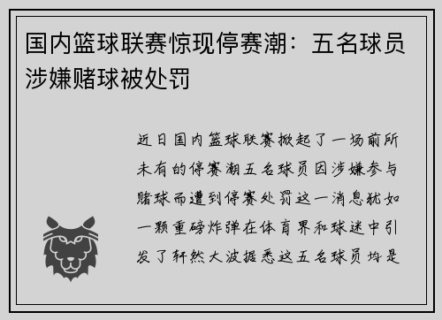 国内篮球联赛惊现停赛潮：五名球员涉嫌赌球被处罚