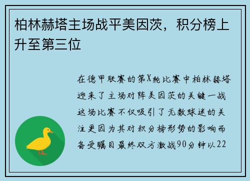 柏林赫塔主场战平美因茨，积分榜上升至第三位
