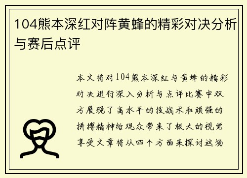 104熊本深红对阵黄蜂的精彩对决分析与赛后点评