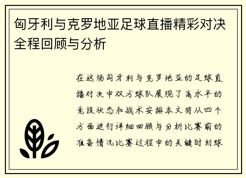 匈牙利与克罗地亚足球直播精彩对决全程回顾与分析